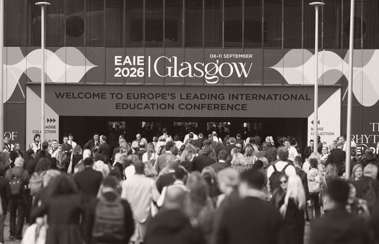 Crowds entering the EAIE Annual Conference in Glasgow beneath a banner reading Welcome to Europe's leading international education conference